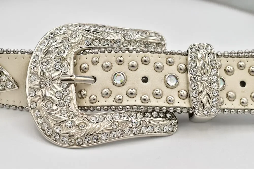 Cream Genuine Leather Rhinestone Western Belt M/L Silver Studded Crystal Y2K